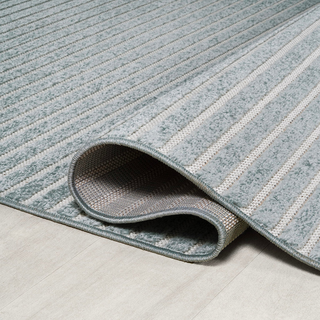 Aarhus High-Low Striped Blue Indoor/Outdoor Area Rug 8x10, Minimalist Geometric, Classic, Farmhouse, Cottage, Vintage