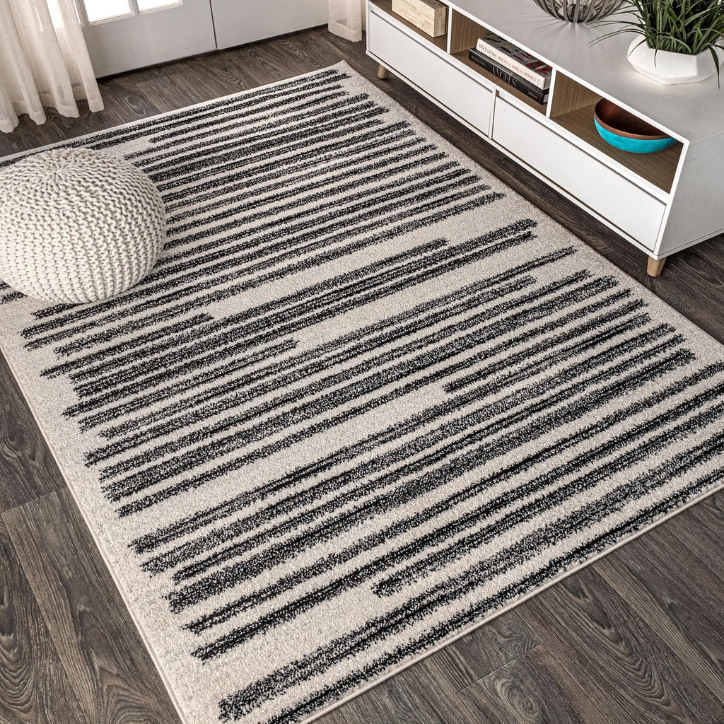Khalil Modern Berber Stripe Cream/Black Area Rug, 12x15, Contemporary, Bohemian, Easy-Cleaning