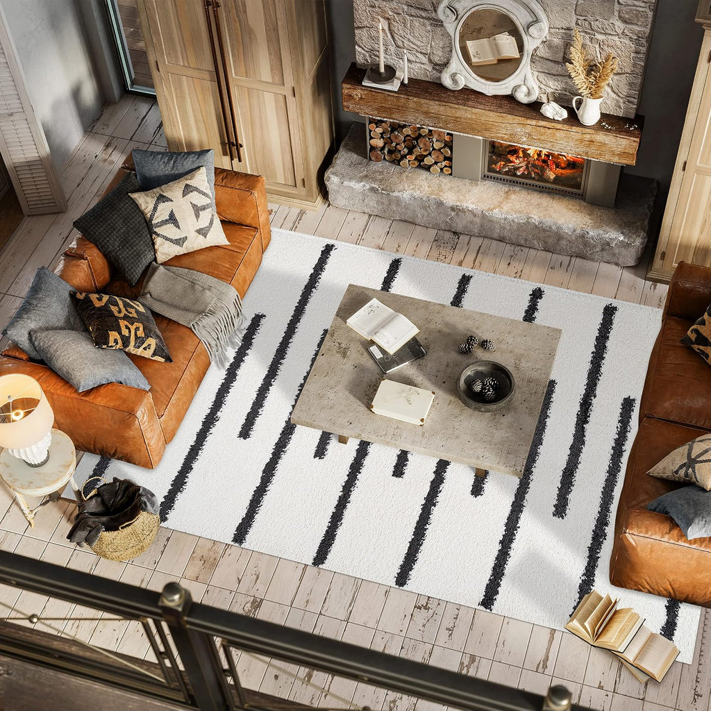 Alaro Berber Stripe Shag White/Gray Indoor Area Rug, Bohemian, Contemporary, Easy-Cleaning, Pet Friendly