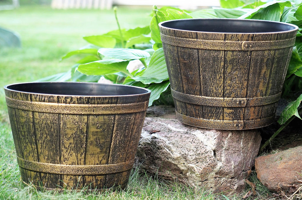 Set of 2 Plastic Whiskey Barrels Rustic Look (2 planters + 2 Matching Saucers) French Country Style Flowerpot Indoor