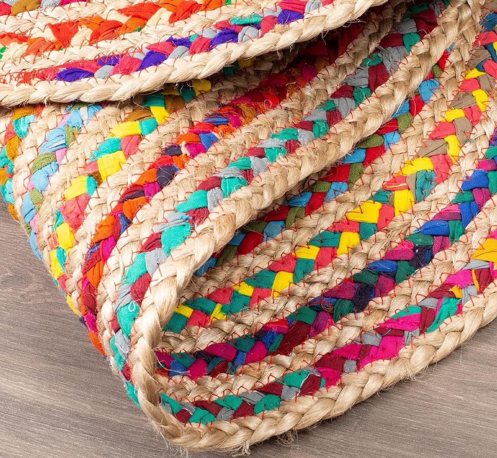 Farmhouse Jute Cotton Chindi Rug 4x6 Oval Multicolor, Handwoven Braided Area Rug