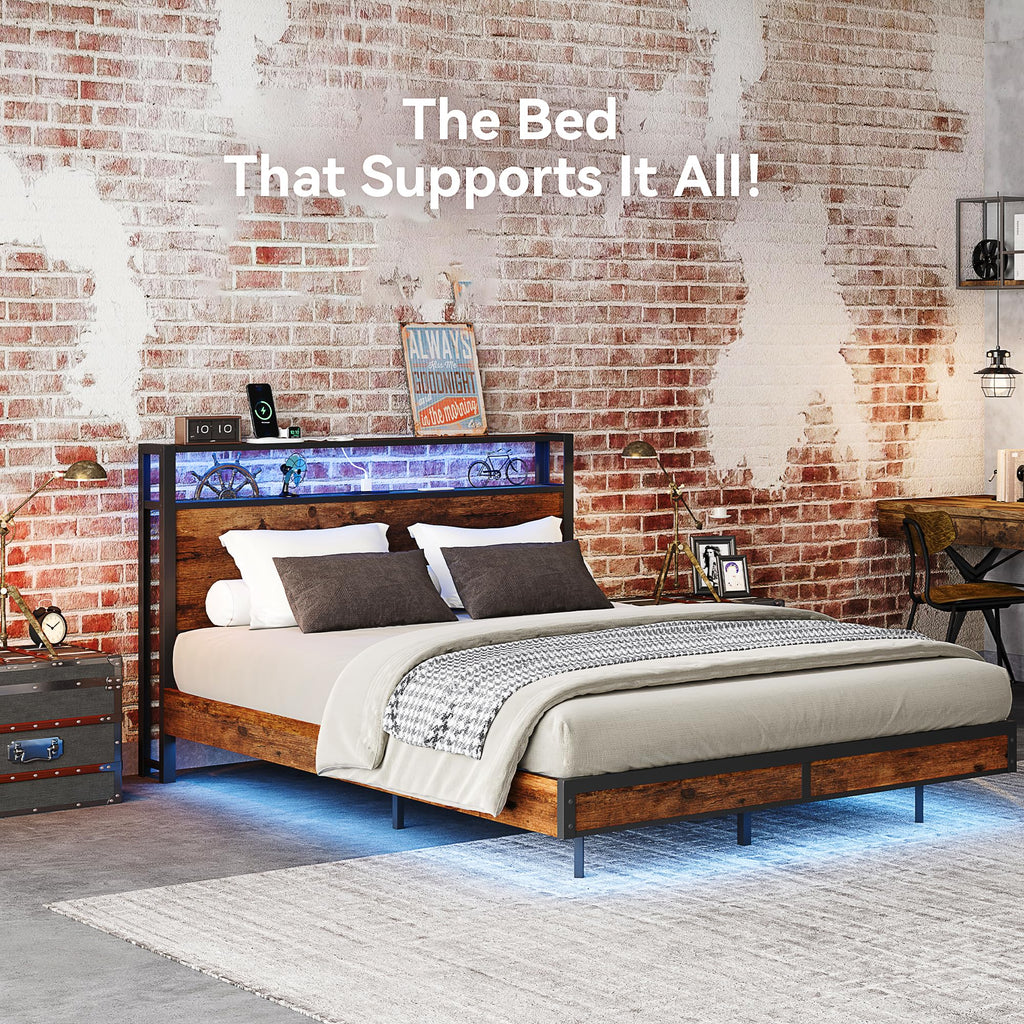 Bed Frame with Storage Headboard and Charging Station, Metal Bedframe with LED Lights, Platform Bed
