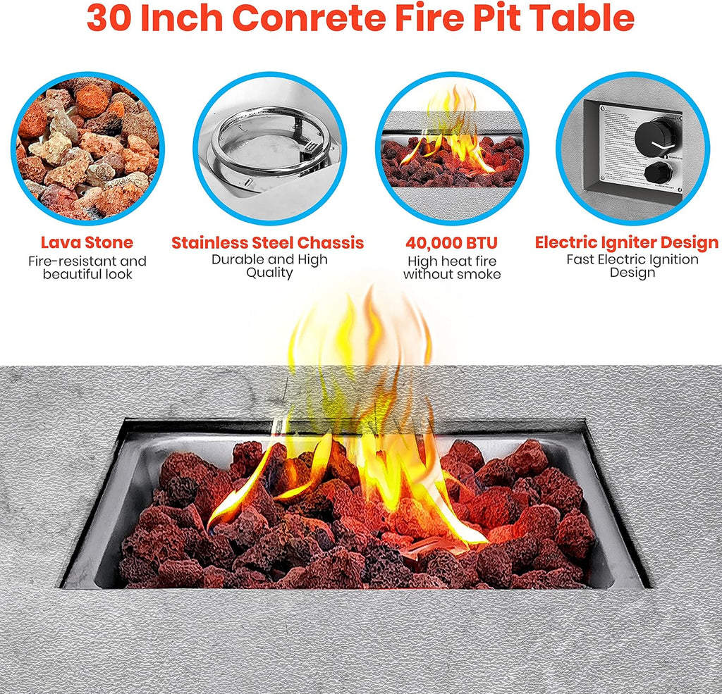 Outdoor Propane Fire Pit Table - CSA/ETL Certified Safe 40,000 Pulse Ignition Weatherproof Square Propane Gas Fire
