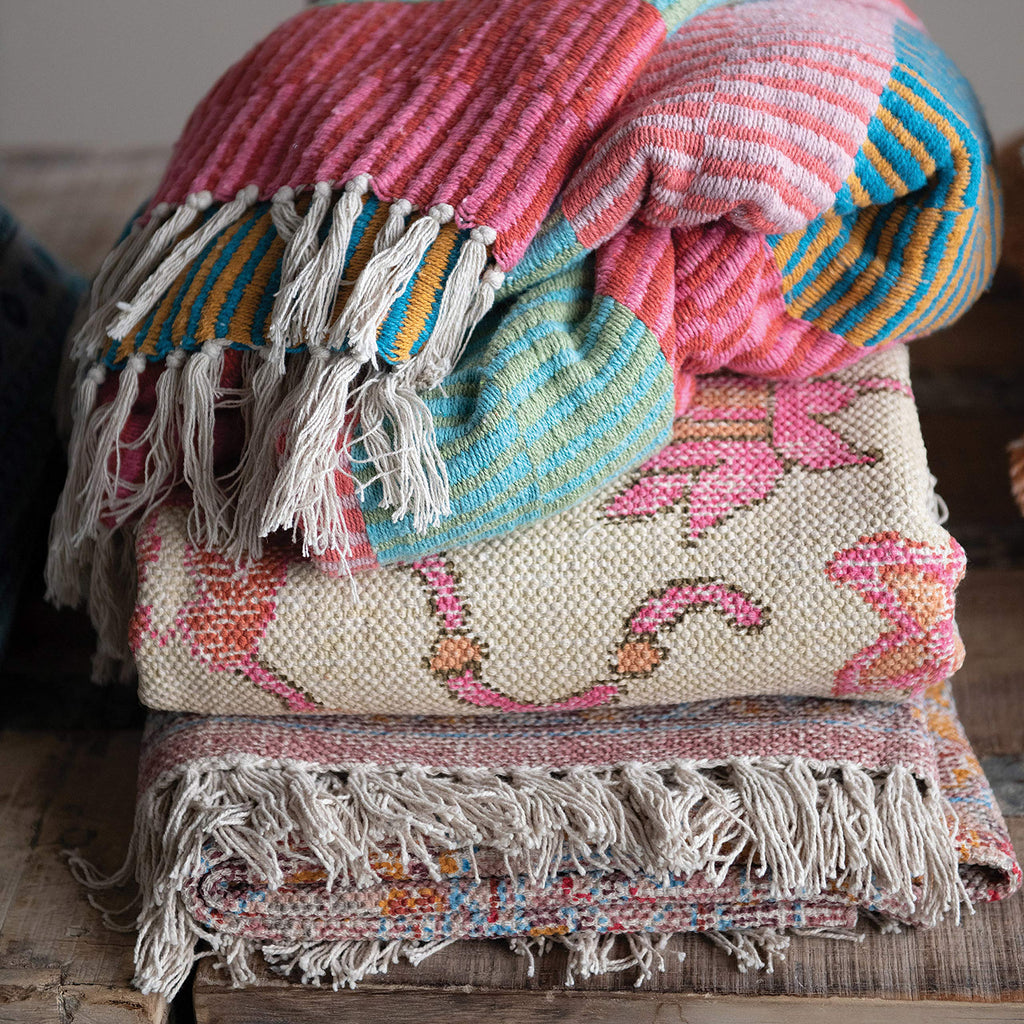 Woven Recycled Cotton Blend Striped Throw with Tassels, Multi Color