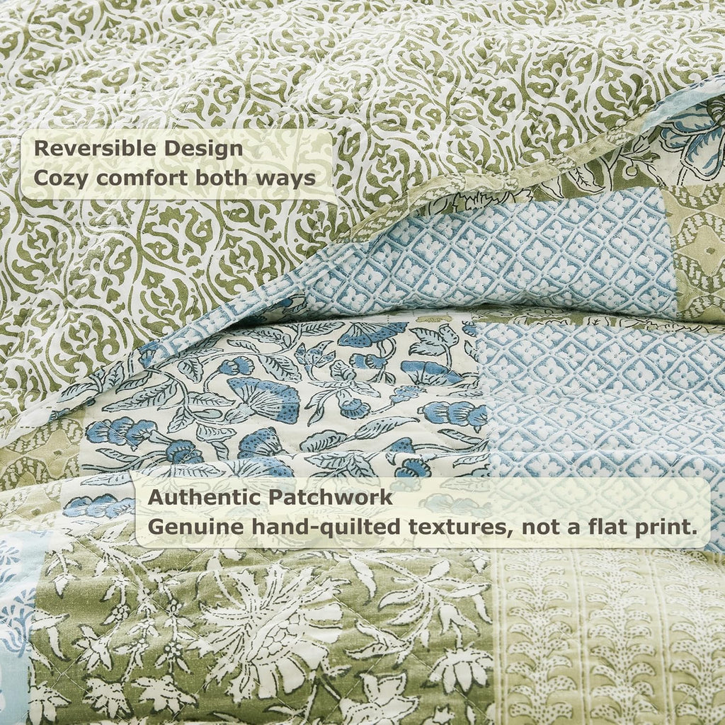 100% Cotton Reversible Patchwork Quilt Queen, Lightweight Farmhouse Vintage Shabby Chic Bedding Set with 2 Pillow