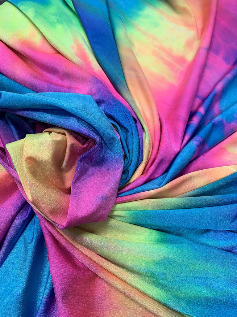 Stripe Tie Dye Multi-Color Pattern on Stretch Nylon Spandex Shiny Tricot Fabric by The Yard
