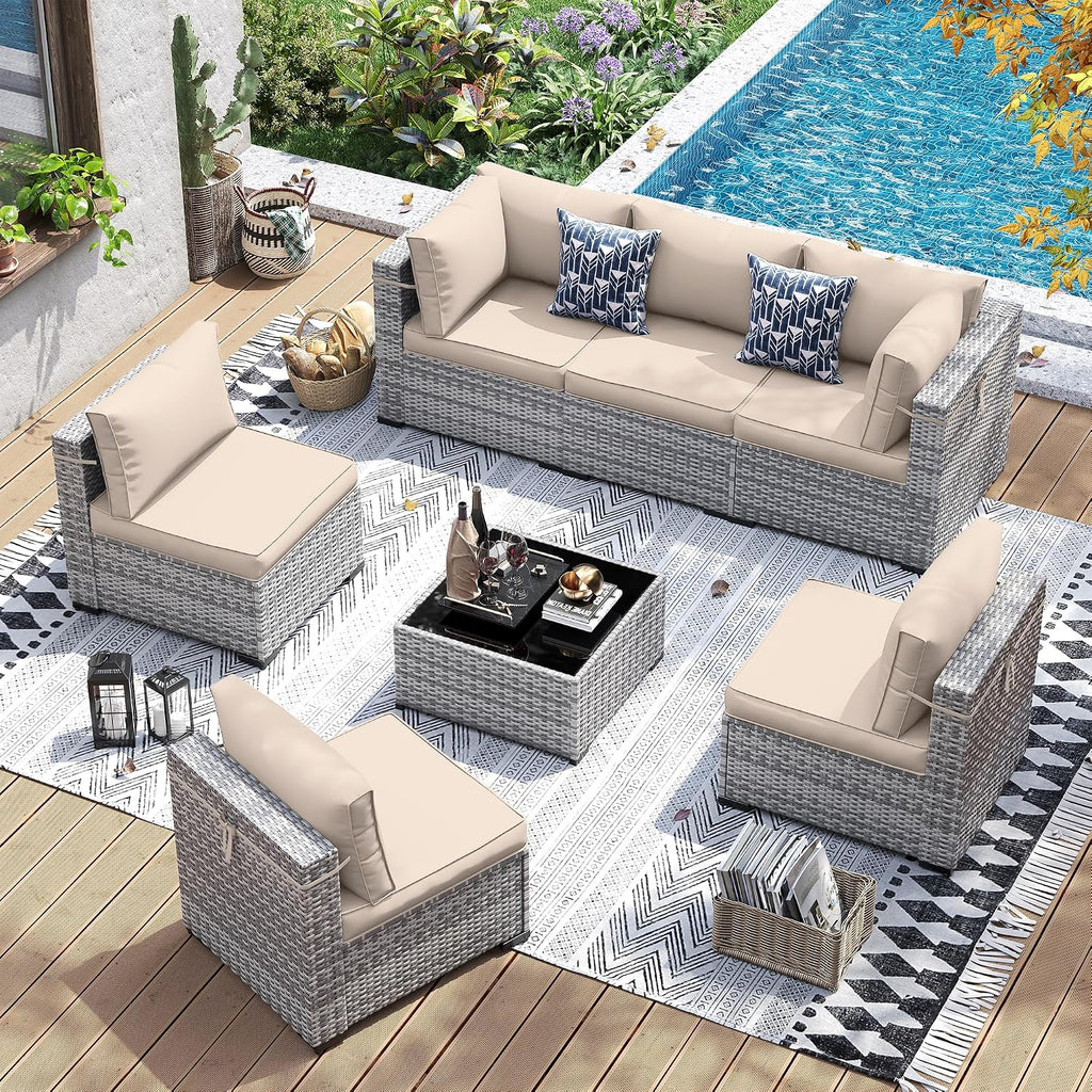 Patio Furniture Set, 7 Pieces PE Wicker Sectional Sofa with Tea Table, Outdoor Conversation Set , Garden, Backyard