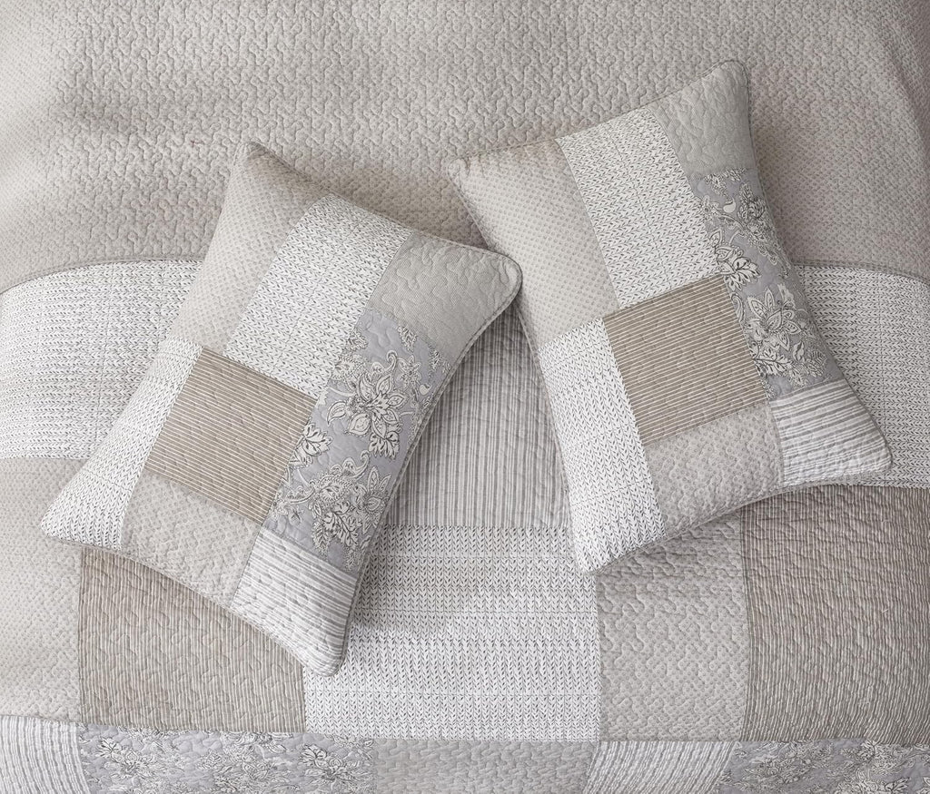 3-Piece Neutral Taupe Gray White Floral Hibiscus Flower Candy Stripe Patchwork Quilt Set - Pre-Washed Cotton