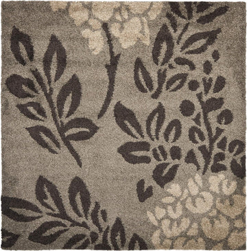 Florida Shag Collection Area Rug - 6'7" Square, Smoke & Dark Brown, Floral Design, Non-Shedding & Easy Care, 1.2-inch