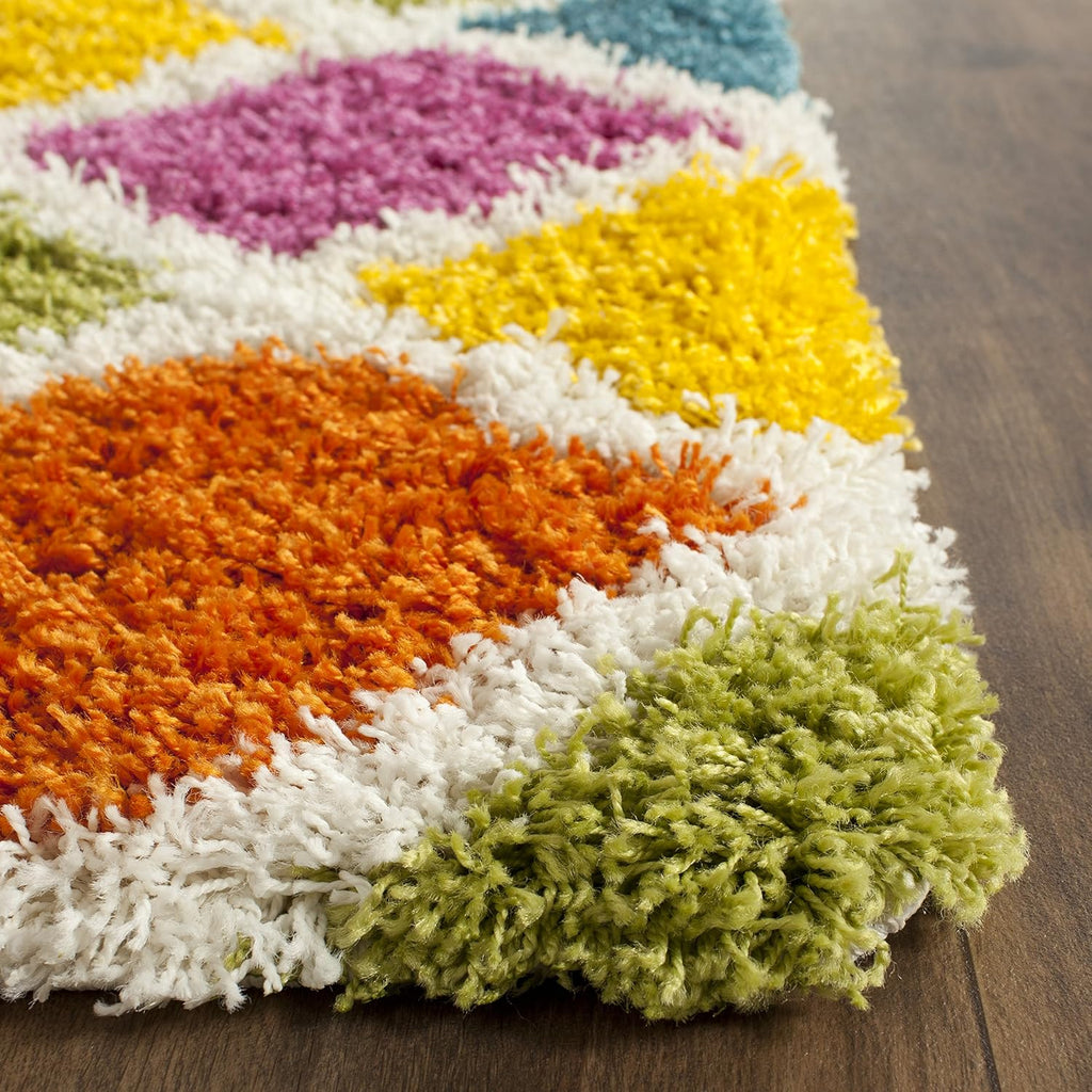Kids Shag Collection Area Rug - 6'7" Square, Ivory & Multi, Rainbow Trellis Design, Non-Shedding & Easy Care, 2-inch