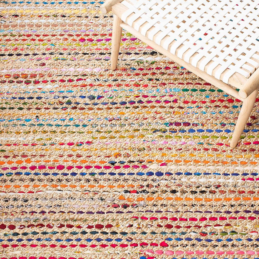 Cape Cod Collection Area Rug - 6' Square, Natural & Multi, Handmade Boho Braided Jute, Ideal for High Traffic Areas