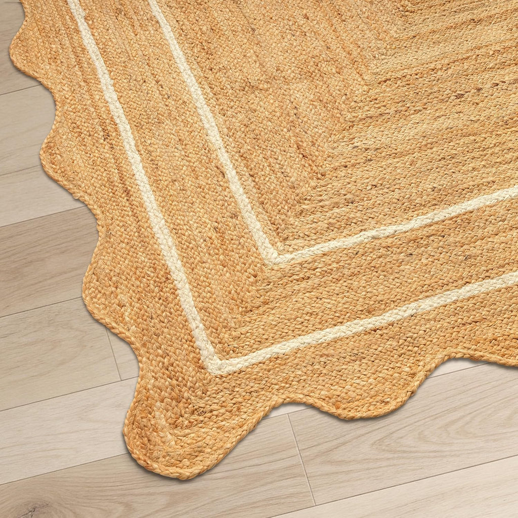 Jute Area Rug 9'x12' ft Wave Scalloped Natural Ivory Border Handwoven Boho Reversible Rustic Vintage Farmhouse Soft