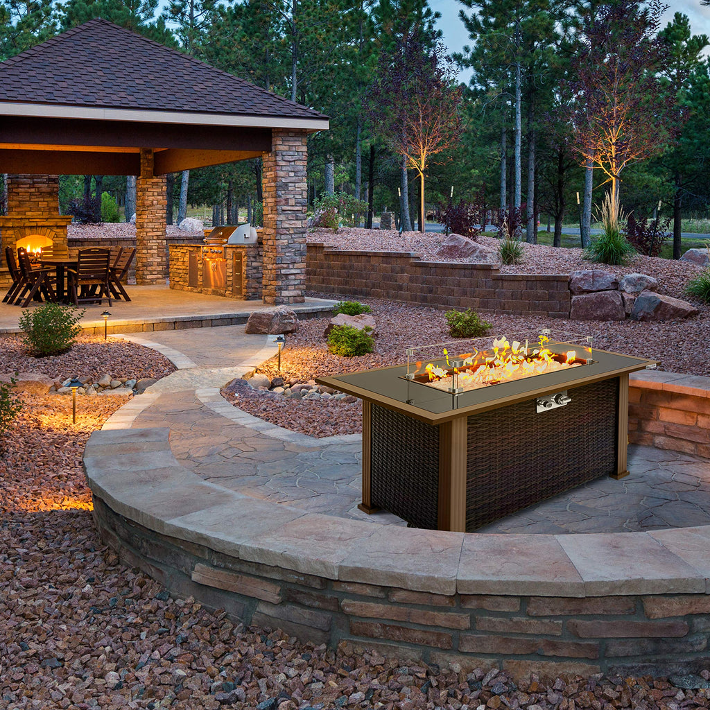 Outdoor Gas Fire Pit Table, 50, 000 BTU Propane Burner, Auto Ignition, Tempered Glass Wind Guard, Stainless Steel