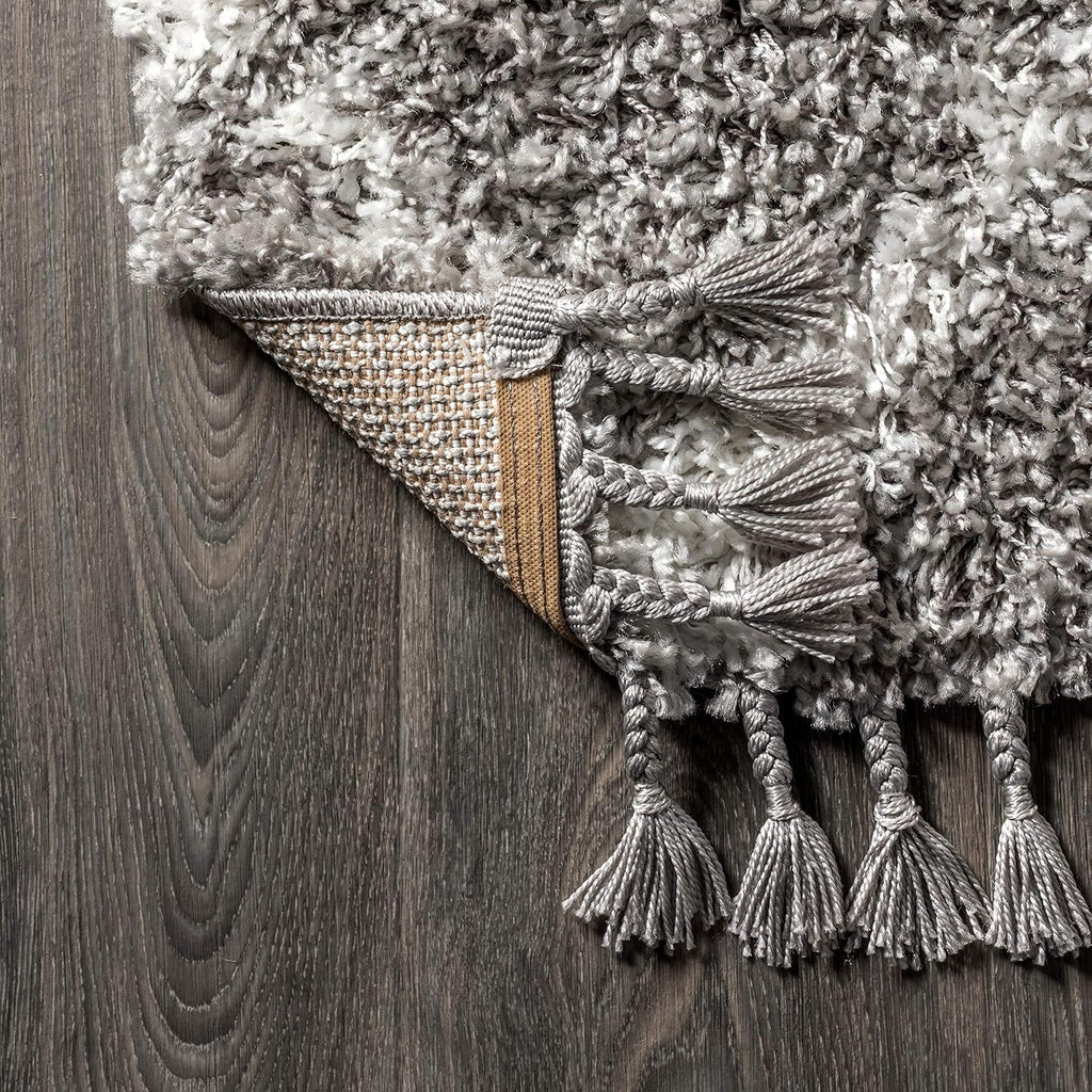 Mercer Shag Plush Tassel Gray/Ivory Indoor Area Rug, Moroccan Geometric Trellis, Contemporary, Easy-Cleaning