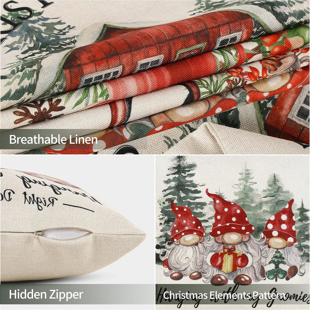 Christmas Throw Pillow Covers 18x18, Merry Christmas Tree Gnome Red Truck Candy Cane Xmas Farmhouse - Set of 4
