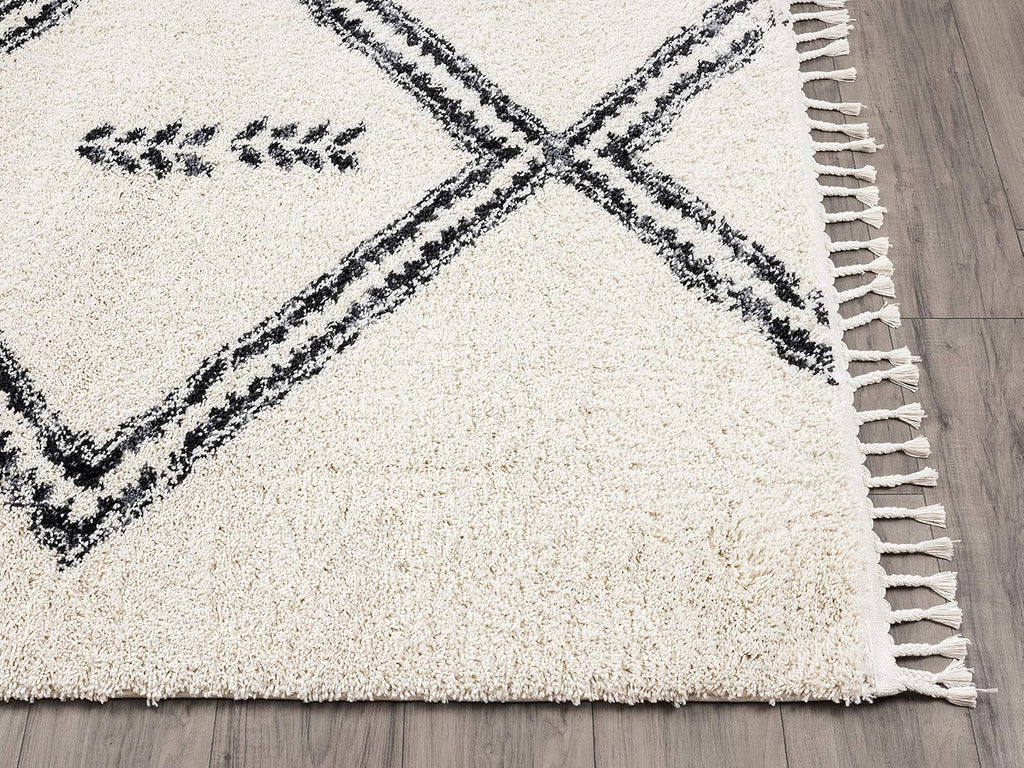 Moroccan Ivory & Grey Shag Area Rug - Traditional Rugs Tribal Print Diamond 7'9" x 10'2" (8x10) Living Room Carpet