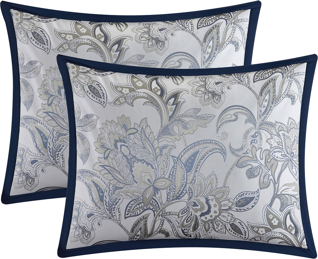 Navy King Comforter Set, Jacquard Bedding, Leaves 7 Pieces Bed Set, Comforters, Bedskirt, Pillows & Shams, Home Decor