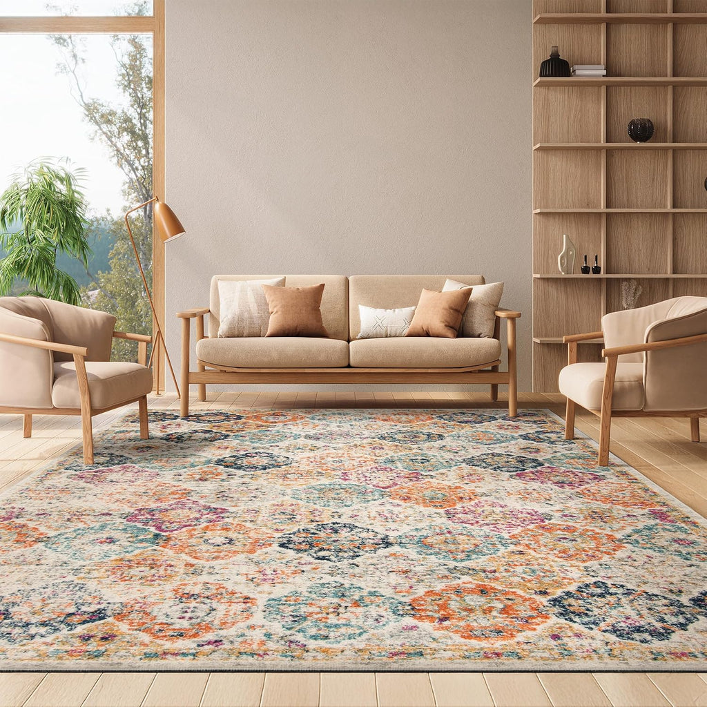 Madison X-Large Area Rug - 12' x 15', Cream & Multi, Floral Medallion Distressed Design, Non-Shedding & Easy Care