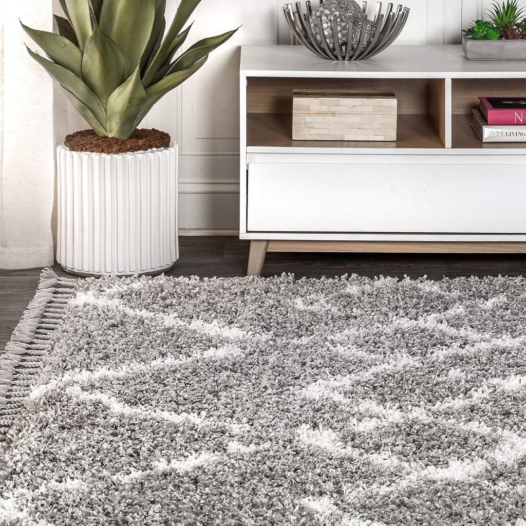Mercer Shag Plush Tassel Gray/Ivory Indoor Area Rug, Moroccan Geometric Trellis, Contemporary, Easy-Cleaning