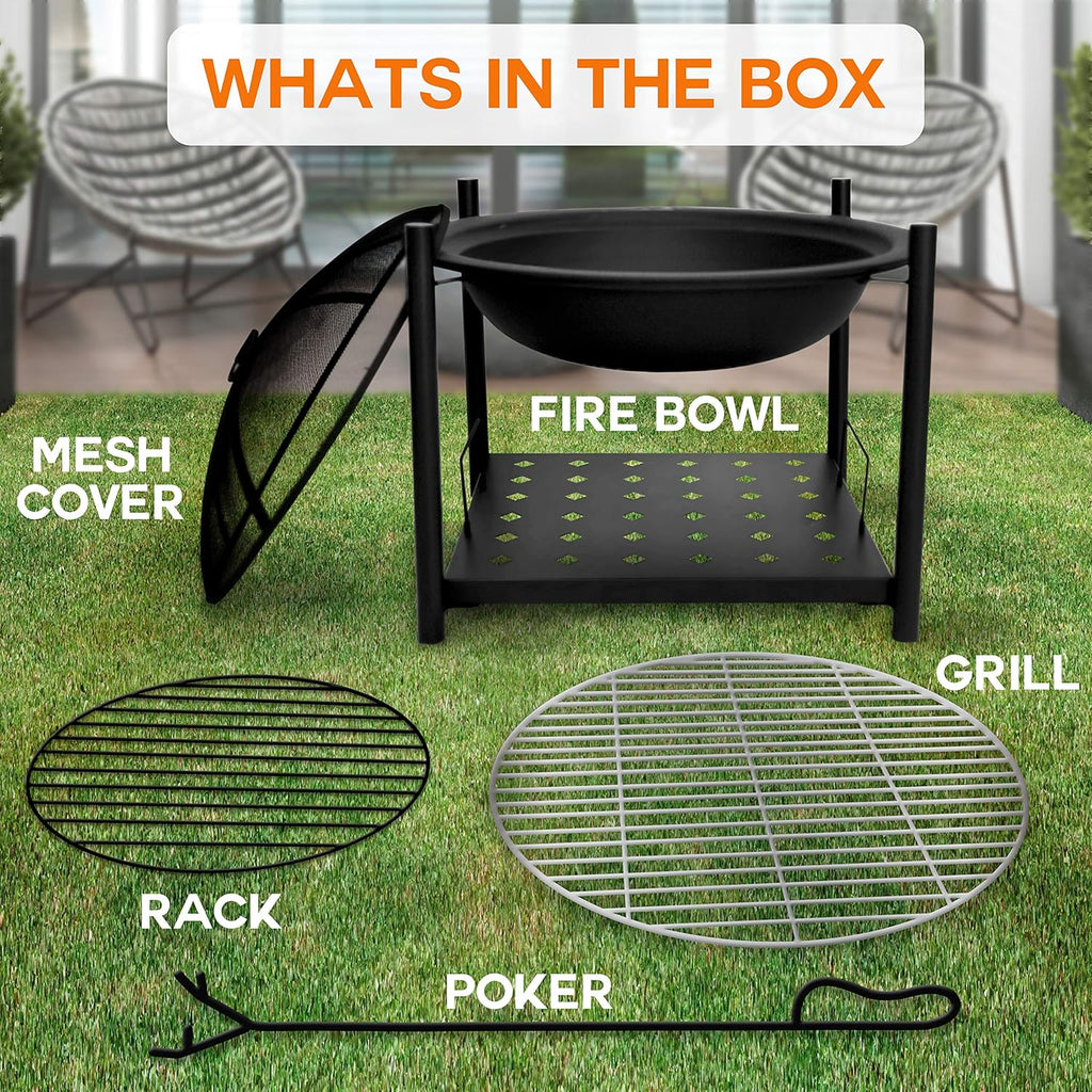 Outdoor Wood Fire Pit - 26" Steel BBQ Grill with Mesh Spark Screen, Log Grate, Fire Poker & Cover for Camping, Picnic