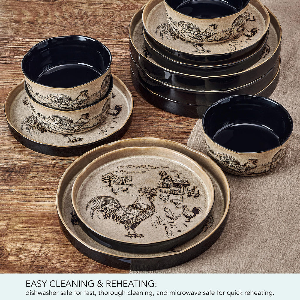 Farmyard Rooster 12 Piece Farmhouse Style Dinnerware Set, Service for 4, Plate Bowl with High Rims, Rustic Design