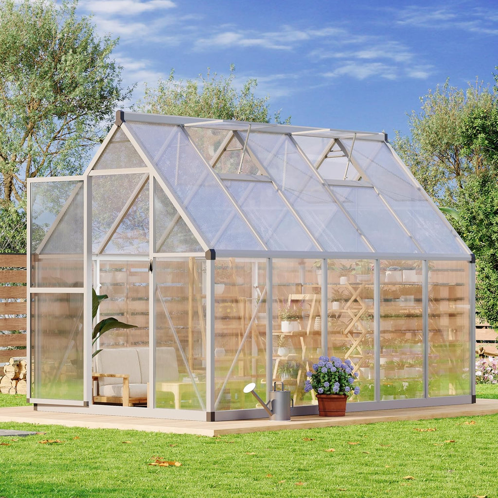6x9 ft Polycarbonate Outdoor Greenhouse Kit - Heavy Duty Aluminum Plant Shelter with Roof Vent, Lockable Door &