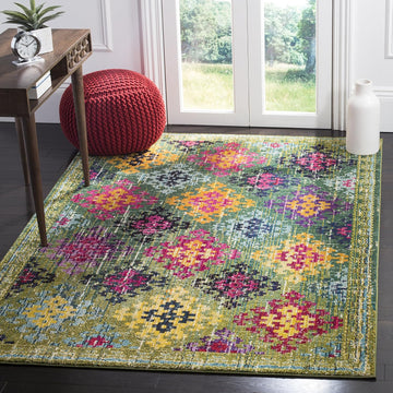 Monaco Collection Area Rug - 6'7" Square, Green & Multi, Boho Diamond Trellis Design, Non-Shedding & Easy Care, Ideal