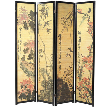 Decorative 4 Panel Folding Room Divider Bamboo Screen with Chinese Calligraphy Design, 6FT Freestanding Floral