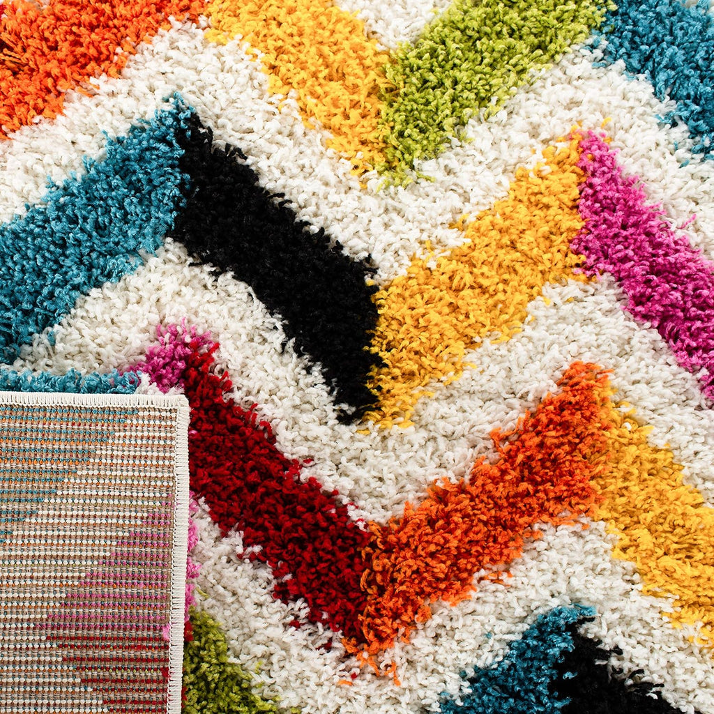 Kids Shag Collection Area Rug - 6'7" Square, Ivory & Multi, Rainbow Chevron Design, Non-Shedding & Easy Care, 2-inch