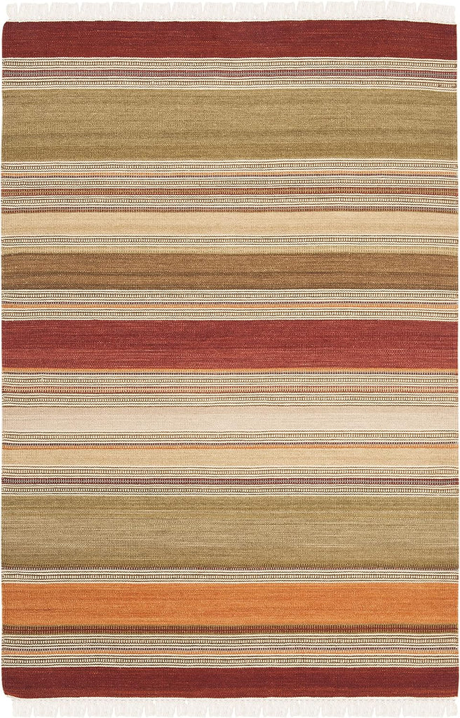 Striped Kilim Collection Accent Rug, Green, Handmade Flat Weave Wool, Ideal for High Traffic Areas (STK317A)