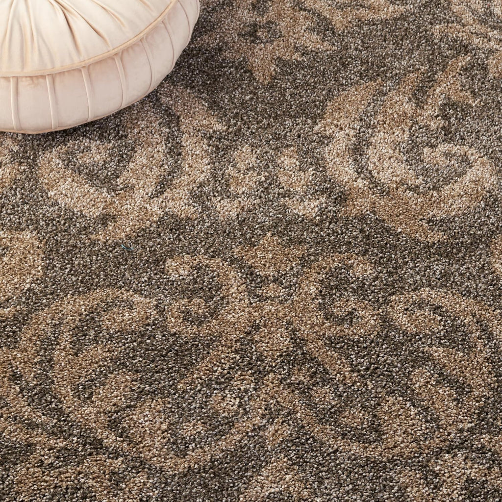 Florida Shag Collection Area Rug - 4' Square, Smoke & Beige, Damask Design, Non-Shedding & Easy Care, 1.2-inch Thick