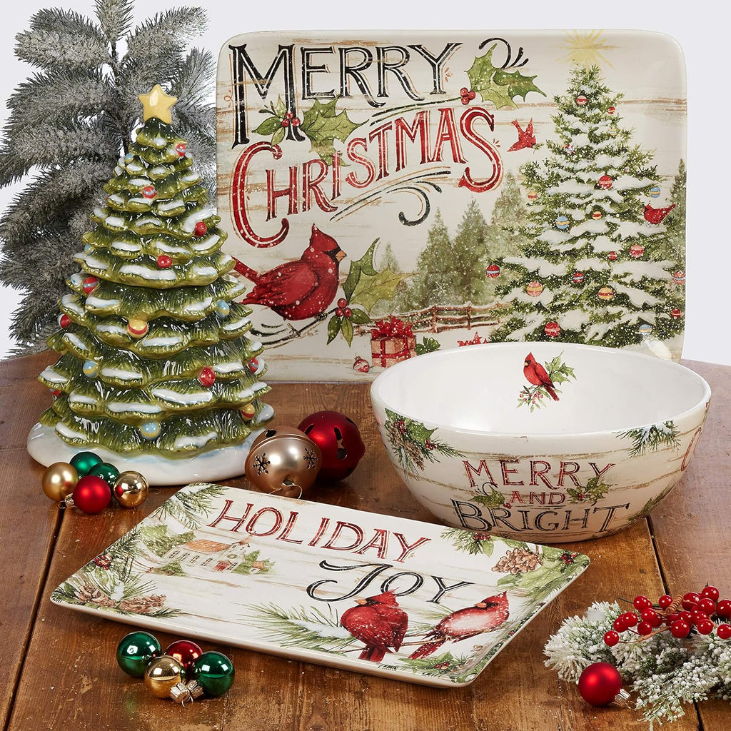 Evergreen Christmas Tree Cookie Jar - 64oz Ceramic Holiday Treat Canister with Vintage Charm, Snowy Branches &