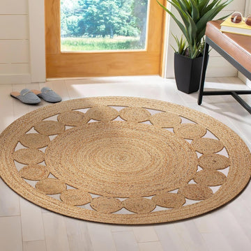 Natural Jute Round Area Rug, Handwoven Braided Boho Jute Rug with Dotted Design, Eco Friendly Farmhouse Living Room