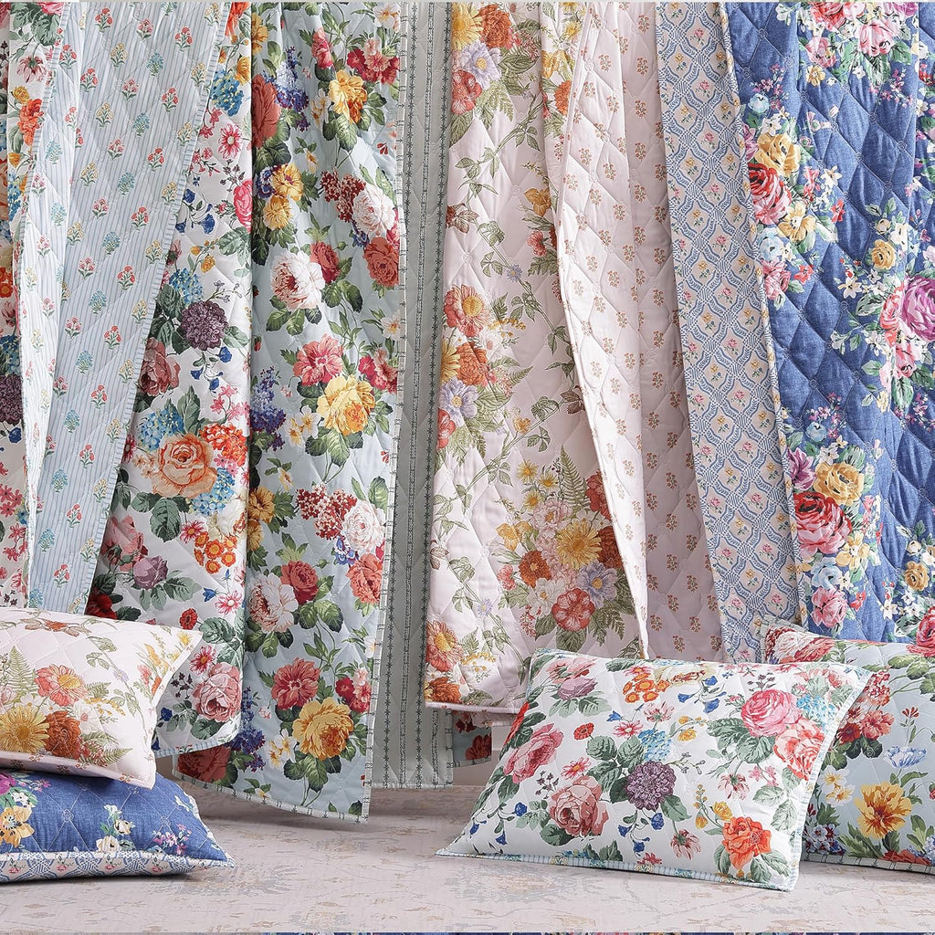 Floral Quilt Set Queen, 3 Piece Reversible Lightweight Soft Bedspread Coverlet, Garden Farmhouse Botanical Diamond