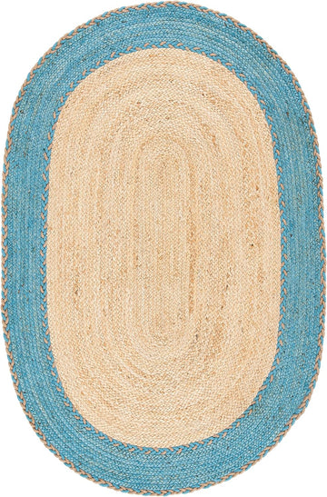 Natural Fiber Collection Area Rug - Oval, Natural & Blue, Handmade Jute, Ideal for High Traffic Areas