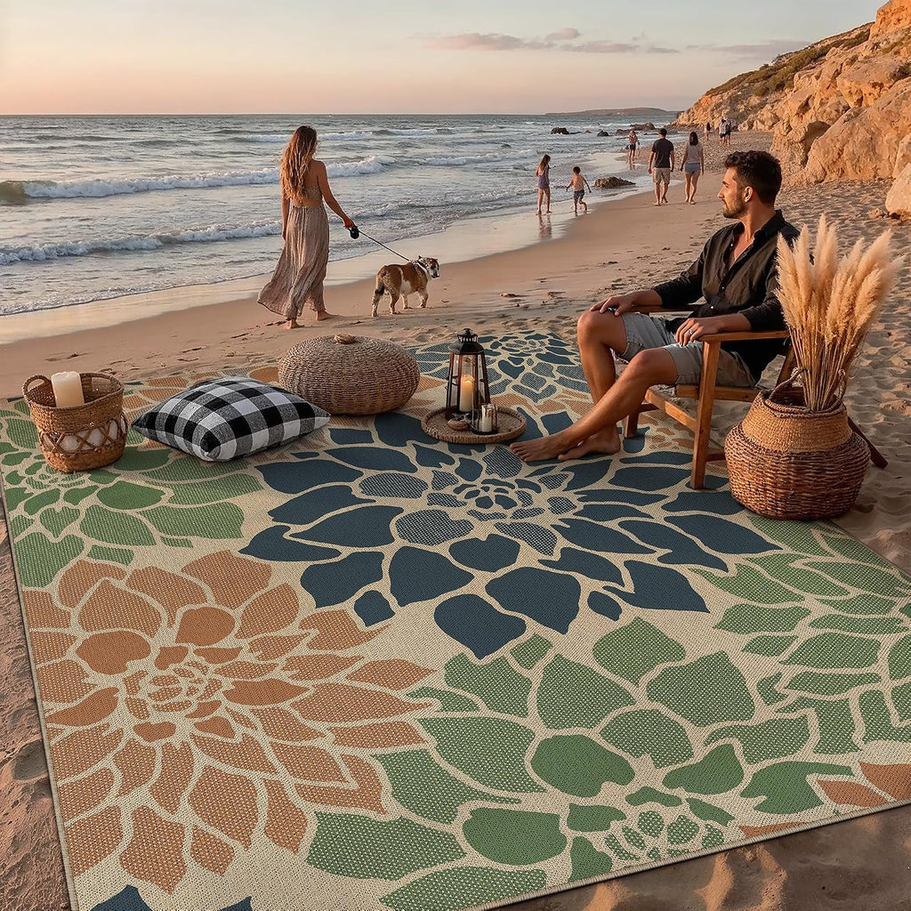 Navy Orange Easy Jute Outdoor Rug Floral Farmhouse Carpet