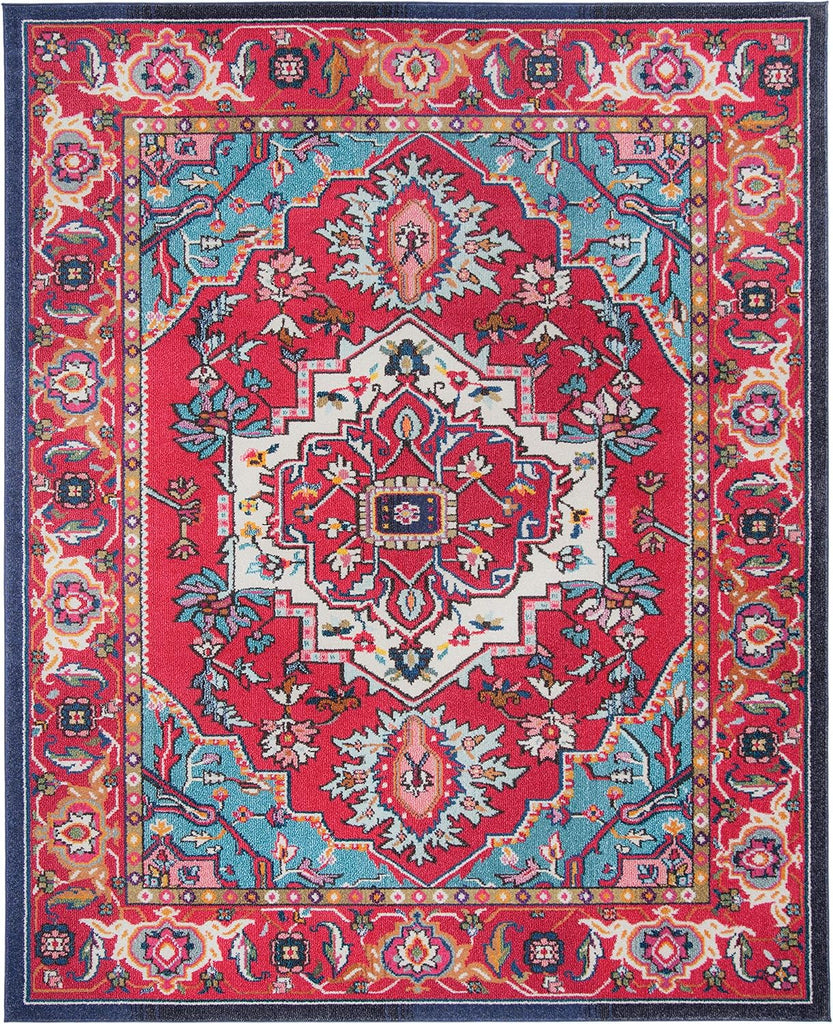 Monaco Collection X-Large Area Rug - 12' x 18', Red & Turquoise, Boho Oriental Medallion Design, Non-Shedding & Easy