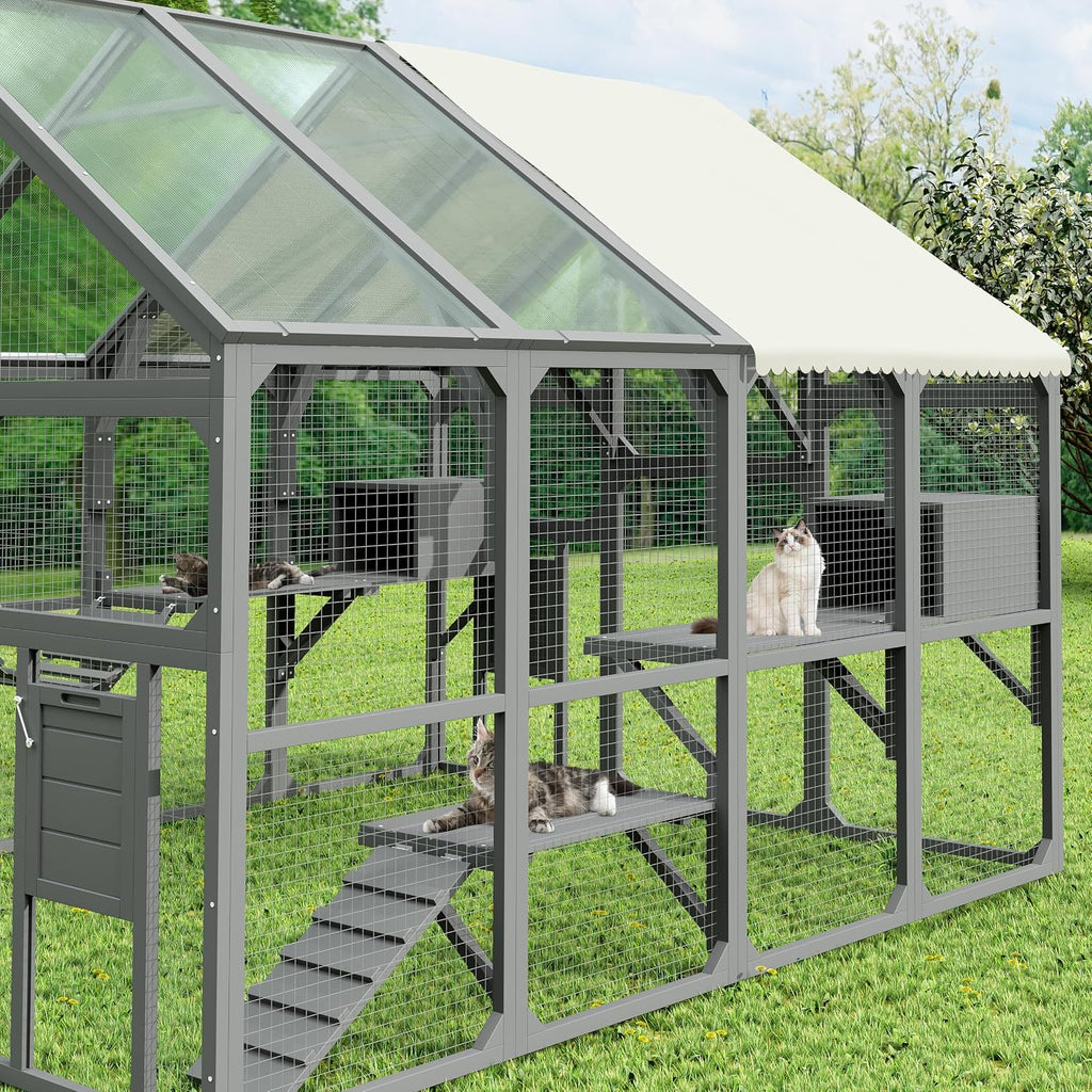 Large Outdoor Catios Enclosure for Multiple Kittens, Wooden Cat House with 7 Platforms, Resting Boxes, Bridge