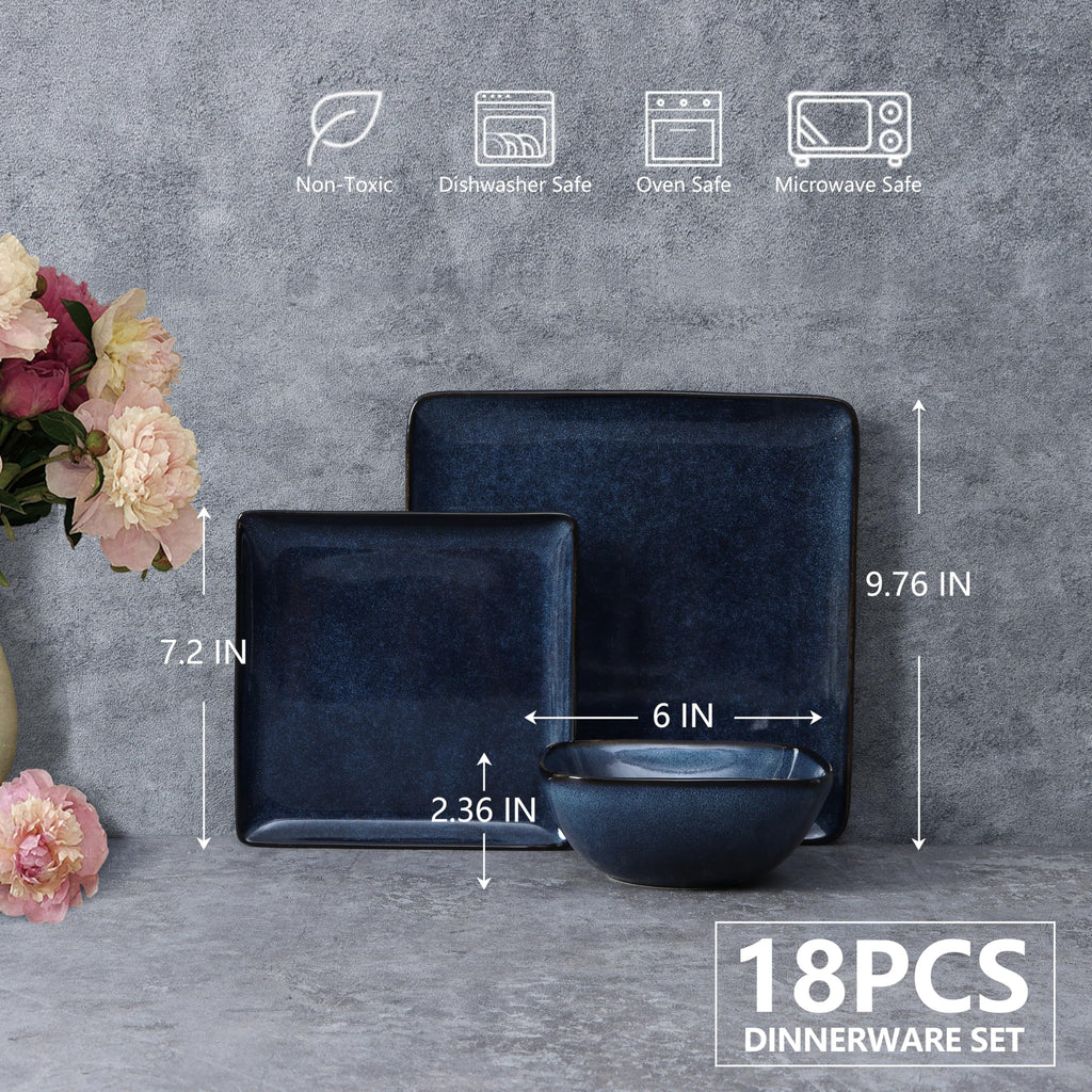 18-Piece Square Stoneware Dinnerware Sets for 6, Reactive Blue Glaze