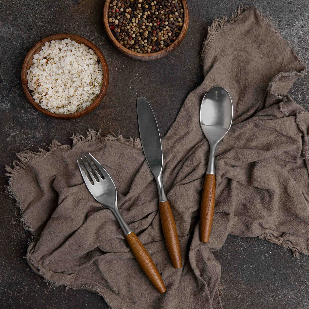Flatware Silverware Cutlery Set, Stainless Steel, Teak Wood Dining Utensils, Eating Dinnerware Dansk