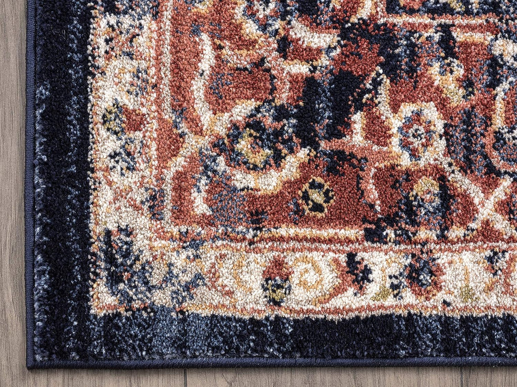 Navy & Beige Vintage Area Rug, Babylon Collection - Turkish Oriental Medallion Distressed Accent Rug Rugs