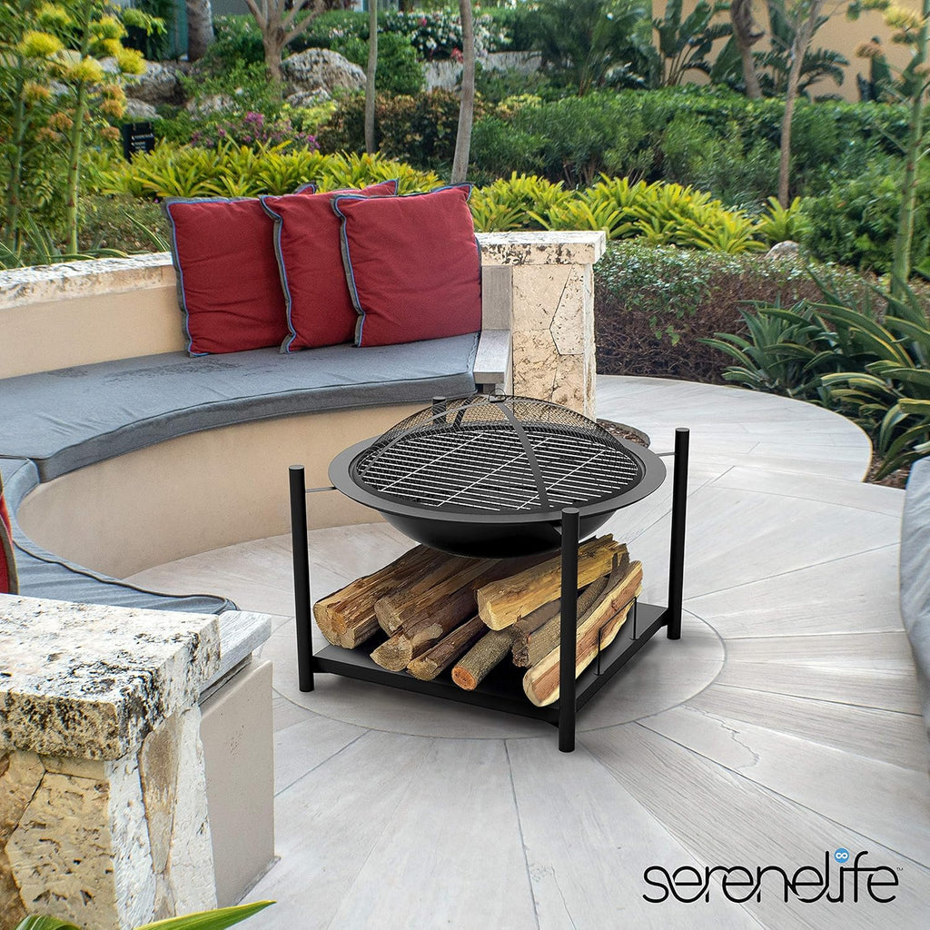 Outdoor Wood Fire Pit - 26" Steel BBQ Grill with Mesh Spark Screen, Log Grate, Fire Poker & Cover for Camping, Picnic