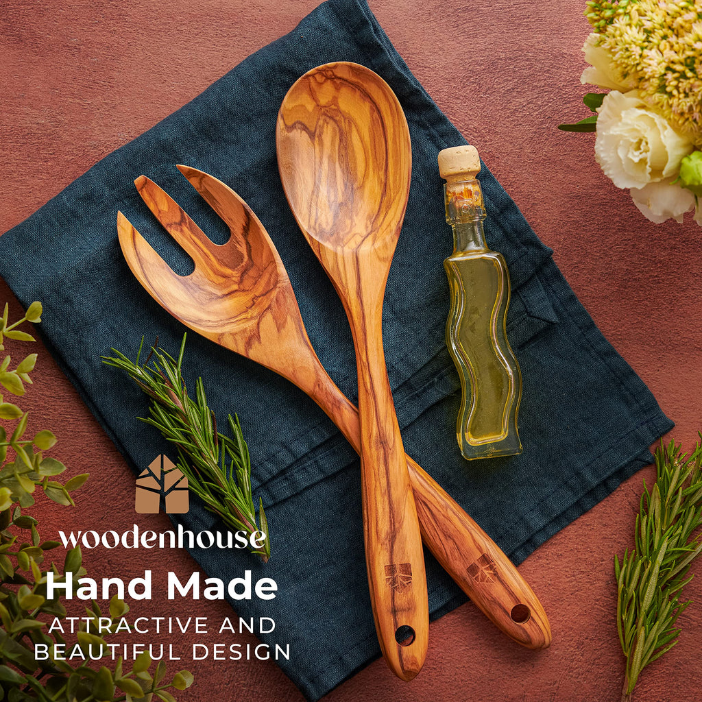 Wooden Salad Tongs, 12" Olive Wood Serving Fork & Spoon Utensils Set