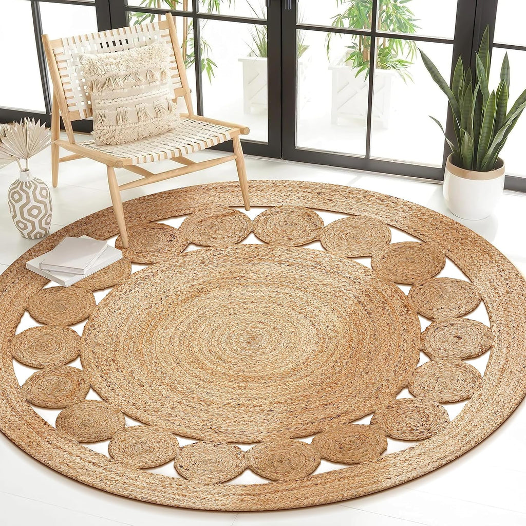 Natural Jute Round Area Rug, Handwoven Braided Boho Jute Rug with Dotted Design, Eco Friendly Farmhouse Living Room