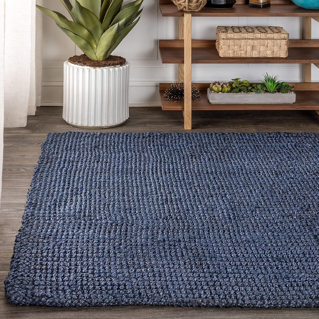 Pata Hand Woven Chunky Jute Navy Area Rug, 9x12, Bohemian, Rustic, Cottage, Easy-Cleaning