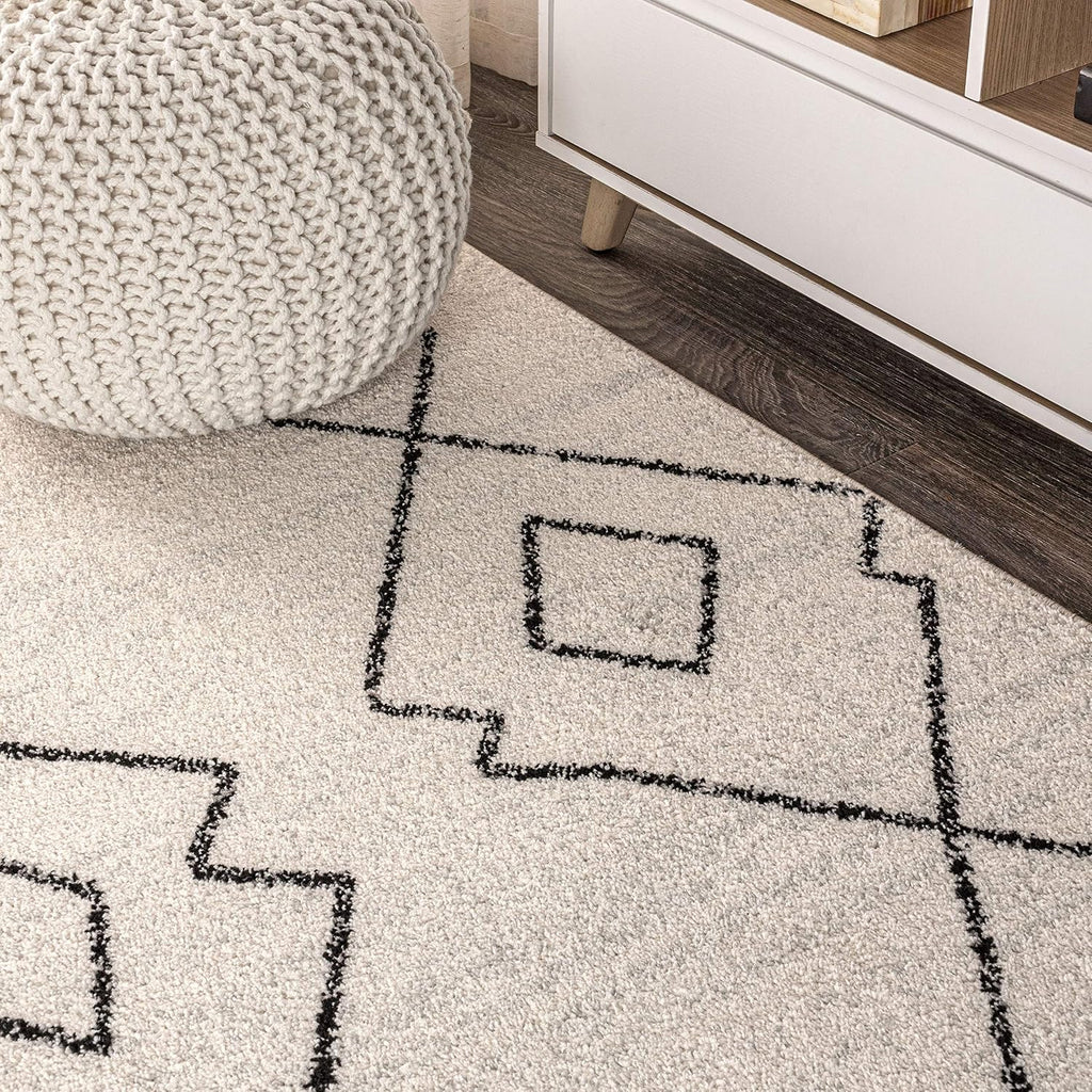 Alia Moroccan Beni Souk Cream/Black Indoor Area Rug, Bohemian, Scandinavian, Easy-Cleaning, Pet Friendly