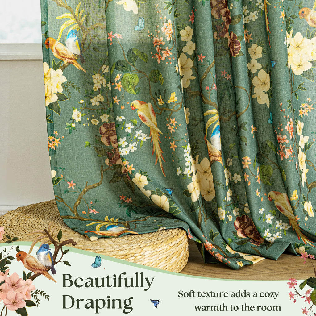 120 Inch Dark Olive Green Floral Bird Curtains 2 Panels Set