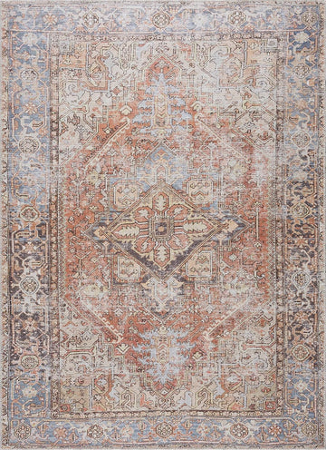 Georgia Eira Machine Washable Area Rug - Oriental Medallion Faded Style - Living Room Vintage Distressed Carpet