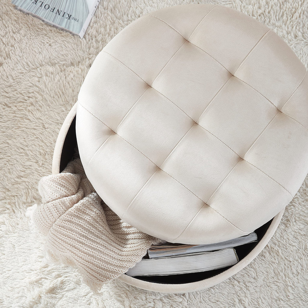 18" Round Storage Ottoman with Lid, Holds 300 lbs, Cream
