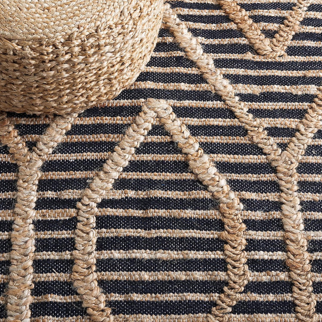 Natural Fiber Collection Area Rug - 4' Square, Black & Natural, Flat Weave Jute, Ideal, Dining Space (NF378Z)